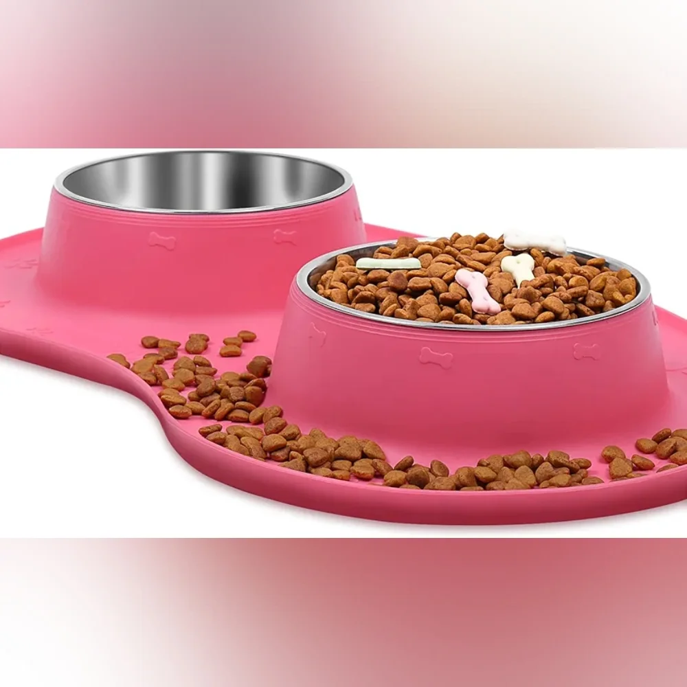 VAGLORY Pink No Mess Silicone Bone Mat & Stainless Steel Dog Food Bowls